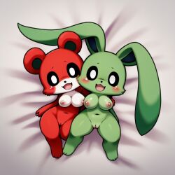 2girls ai_generated bear bobby_bearhug breasts bunny critters_(poppy_playtime) domestic_rabbit female female_only furry_only green_body green_fur green_skin heuryus_(artist) hoppy_hopscotch hoppy_hopscotch_(poppy_playtime) lesbian lying lying_on_bed no_humans poppy_playtime poppy_playtime_(chapter_3) pussy rabbit red_body red_fur red_skin smiling_critters