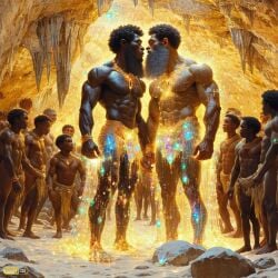 african_male ai_generated awestruck beard cave gods jewels kissing male_only stalagtite worshipers