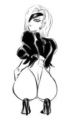 1girls android android_18 ass ass_focus big_ass big_breasts black_and_white cosplay dragon_ball dragon_ball_z ear_ring female female_only funsexydragonball large_ass looking_at_viewer looking_back looking_back_at_viewer monochrome nier nier:_automata nier_(series) short_hair sole_female solo solo_female source_request squatting yorha_2b_(cosplay)