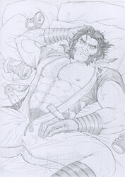 1boy abs arm_hair barely_clothed bed beer_can belt body_hair bodysuit bulge chest_hair clothed dark_hair facial_hair gloves hairy hand_behind_head james_howlett jeff510 line_art looking_at_viewer lying male male_only marvel marvel_comics monochrome nipples on_back open_shirt pecs pillow pubic_hair solo solo_male spread_legs suggestive treasure_trail vascular veiny_muscles wolverine_(x-men) x-men yaoi zipper