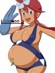 1girls areola_slip areolae belly big_belly big_breasts blue_clothing breasts brown_skin dark-skinned_female dark_skin female female_only gym_badge_(pokemon) gym_leader long_red_hair navel_piercing nintendo outie_navel pokemon pokemon_bw popped_navel pregnant pregnant_belly_piercing red_hair skyla_(pokemon) smhhh123 solo