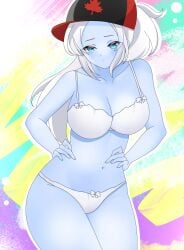 1girls asunaru(artist) blue_skin bra canada cleavage clothed_female crunchypicklevt fansly hat pin_up pinup twitch twitch.tv underwear white_hair