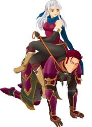 1boy 1girls all_fours angry armor bent_over breasts closed_eyes collar crossed_legs dress elbow_gloves femdom fingerless_gloves fire_emblem fire_emblem:_radiant_dawn gloves grey_hair horseback_riding humiliation jarod_(fire_emblem) leash leenvidia long_hair male malesub medium_breasts micaiah_(fire_emblem) nintendo open_mouth pantyhose pelvic_curtain petplay raised_eyebrow red_hair riding scarf short_hair silver_hair sitting sitting_on_person sleeveless sleeveless_dress transparent_background yellow_eyes