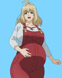 1girls belly big_belly big_breasts blonde_hair blue_background breasts canon_pregnancy clothed clothing commission female female_only fiora_(xenoblade) fully_clothed fungus-man green_eyes hand_on_belly happy large_belly large_breasts light-skinned_female light_skin long_hair overalls pregnant ready_to_pop self_upload shirt smile solo solo_female suspenders tagme xenoblade_(series) xenoblade_chronicles