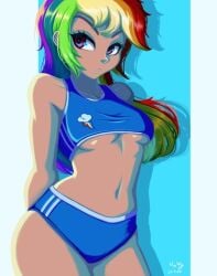 1girls 2023 blue_clothing blue_panties blue_sports_bra deviantart_link equestria_girls female hands_behind_back hasbro looking_away multicolored_hair my_little_pony panties rainbow_dash_(eg) rainbow_dash_(mlp) rainbow_hair solo sports_bra sportswear the-park two_tone_background underboob