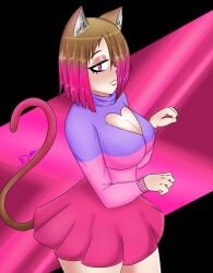 adshtorm bete_noire betty_noire big_breasts big_breasts black_background brown_hair cat_ears cat_tail glitchtale pink_background pink_eyes pink_hair pink_sweater purple_sweater red_skirt short_hair skirt