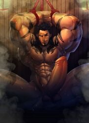 balls bara beard big_balls big_penis braito daddy erection final_fantasy final_fantasy_xv gladiolus_amicitia male male_nipples male_only manly mature_male muscular_male nipples nude penis sweat sweating tattoo wet