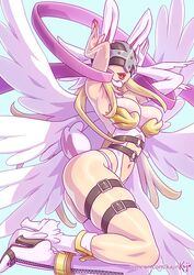 1girls 6_wings angel_wings angewomon blonde_hair breasts bunny_ears bunny_girl bunnysuit cleavage digimon digimon_(species) digimon_adventure easter feathered_wings feathers female female_only hair kajinman long_hair solo straps wings