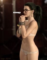 3d black_hair bound_wrists bra dc_comics diana_prince earrings english_text glasses pantie ponytail speech_bubble thejpeger underwear white_bra white_panties wonder_woman wonder_woman_(series)