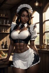 abs ai_generated breasts cleavage dark-skinned_female elf futadiffusion maid maid_apron maid_headdress maid_uniform muscular_female nsfw perfect_body ready_to_fuck solo toned_female