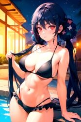 1girls abs ai_generated allen_m._sumner_(azur_lane) armpits azur_lane belly belly_button big_breasts bikini bikini_bottom bikini_top blue_hair breasts breasts female female female_focus female_only hair_grab hair_ornament long_hair looking_at_viewer night night_sky polege pool pose red_eyes resting sideboob starry_sky string_bikini surprised twintails water