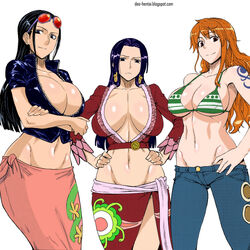 3girls big_breasts bikini bikini_top black_hair blush boa_hancock breasts cleavage clothes color denkishowgun deoarts earrings edit eyewear_on_head female female_only hands_on_hips huge_breasts human jeans long_hair looking_at_viewer multiple_girls nami nico_robin one_piece orange_hair post-timeskip sarong shounen_jump striped_bikini sunglasses sunglasses_on_head tattoo third-party_edit