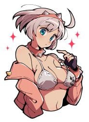 arc_system_works big_breasts bikini bikini_top blue_eyes blush breasts choker elphelt_valentine gloves guilty_gear guilty_gear_strive itsuka_neru jacket jacket_open navel pink_headband pink_headwear pulling_bikini_string pulling_clothing spiked_collar spiked_gloves spiked_headband stars white_hair