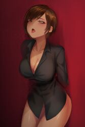 1girls big_breasts blush bottomless brown_hair cleavage clothing curvy dark-skinned_female dark_skin ear_piercing earrings female limbus_company navel outis_(limbus_company) project_moon shirt short_hair solo thighs tongue tongue_out yellow_eyes