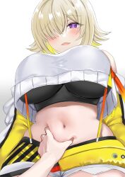 1girls bare_midriff blonde_hair breasts cheek_grabbing_material_(meme) deep_skin edit elegg_(nikke) female female_focus goddess_of_victory:_nikke grabbing hair_over_one_eye huge_breasts meme midriff open_mouth pov pov_hands purple_eyes short_hair shorts smile solo_focus squeezing stomach_grab suspenders tank_top tara_(szzj7733) underboob white_background