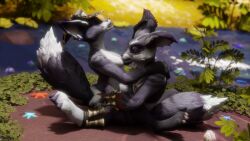 16:9 3d_(artwork) 4_toes absurd_res animal_genitalia animal_penis anthro anthro_penetrated anthro_penetrating ass athletic balls black_body black_fur blender_(artwork) blizzard_entertainment breasts butt_grab canid canine claws desert digital_media_(artwork) duo ernex feet female fluffy fluffy_tail fox fur genitals green_eyes hand_on_butt hi_res jewelry knot male male/female mammal multicolored_body multicolored_fur mythology nude oasis paws penetration penile penile_penetration penis pussy sex tail toe_claws toes vulpera warcraft white_body white_fur widescreen