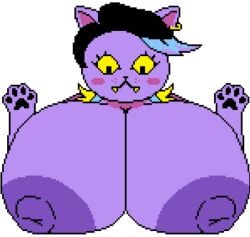 2024 alpha_channel anthro areola big_areola big_breasts big_nipples black_hair black_pawpads blue_clothing blue_highlights blue_overalls blush breasts catty_(undertale) clothed clothing digital_media_(artwork) domestic_cat ear_piercing ear_ring exposed_breasts eyelashes fangs felid feline felis female fingers fur gold_ear_ring hair highlights_(coloring) huge_areola huge_breasts huge_nipples looking_at_breasts looking_at_own_breasts looking_at_self looking_down_at_self low_res mammal mouth_closed nipples overalls pawpads piercing pixel_(artwork) purple_body purple_ears purple_face purple_fur raised_hand ring_piercing simple_background smile solo teeth third-party_edit transparent_background undertale_(series) wardrobe_malfunction yellow_sclera yellow_teeth yukinikkifurry