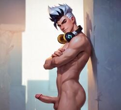 ai_generated ass balls claude_(mlbb) crossed_arms erection leaning leaning_back male_only mlbb mobile_legends mobile_legends:_bang_bang multicolored_hair penis precum side_view stable_diffusion standing