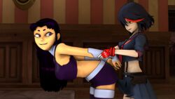 2girls 3d alien alien_look_like_human bent_over black_hair blackfire blue_eyes crossover dc dc_comics eastern_and_western_character female female_only kill_la_kill komand'r light-skinned_female light_skin looking_back matoi_ryuuko multiple_girls penetration purple_eyes strap-on tan-skinned_female tan_skin teen_titans yuri