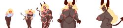 bigger_female bimbofication blonde_hair claws dark_skin demigoddess demon demon_girl horns increasing lacksz original_character red_eyes thick_thighs transformation