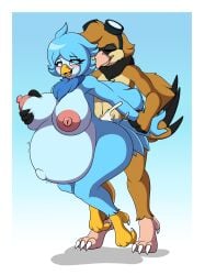 anthro avian belly big_breasts bird blue_body blue_feathers bodily_fluids breast_grab breasts brown_body brown_feathers cum cum_inside dork duo eyewear feathers female from_behind_position genital_fluids goggles hand_on_breast hi_res inflation inflation larikane male male/female martlet_(undertale_yellow) monster oscine passerine sex sparrow undertale undertale_(series) undertale_yellow