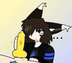 asiyah_meakin_(oc) blue_pubic_hair ezio_tundra_(oc) handjob kemonomimi knotted_humanoid_penis knotted_penis male male/male male_only precum pubic_tuft sheath sheathed_humanoid_penis skinny toony unamused yellow_penis