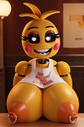 ai_generated animatronic animatronic_female anthro bib big_breasts breasts_out eyelashes female five_nights_at_freddy's five_nights_at_freddy's_2 orange_footwear roger1011 solo thick_thighs toy_chica toy_chica_(fnaf) yellow_body