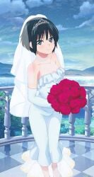 black_hair blue_eyes boquet botan_nagatsuki mononogatari roses tagme wedding_dress wedding_veil