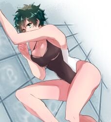 1girls adult_swim big_breasts boku_no_hero_academia cleavage clothing crossgender female female_deku freckles green_eyes green_hair izuku_midoriya looking_at_viewer midoriya_izuku my_hero_academia rule_63 short_hair swimsuit toonami