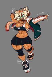 alchykiller blonde_hair cleavage green_eyes huge_breasts multicolored_hair muscular_female sharp_teeth tanned_skin thick_thighs tomboy