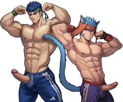 2boys abs armpit_hair armpits bara biceps blue_hair cat_ears catboy chiridoggu fire_emblem fire_emblem:_radiant_dawn flexing_both_biceps happy_trail headband hi_res ike_(fire_emblem) laguz_(race) male male_only muscular muscular_male navel navel_hair nipples pecs pectorals penis ranulf_(fire_emblem) shirtless tail topless_male veiny_penis yaoi