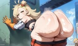 1female 1girls ai_generated ai_hands ass ass_clapping blonde_hair cellulite clapping_ass clapping_cheeks detached_sleeves fat_ass gloves green_eyes hair_accessory hair_ornament huge_ass long_hair mihoyo piper_wheel pout pouting shaking_ass shaking_butt shorts thong tubetop zenless_zone_zero