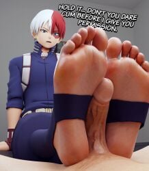 1boy 3d 3d_(artwork) big_feet boku_no_hero_academia clothed_male_nude_male domination english_text feet feet_fetish foot_fetish footjob gay male male_focus male_only maledom mrgtsfloop my_hero_academia penis small_penis soles speech_bubble stirrup_legwear text todoroki_shouto twink yaoi