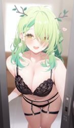 1girls 2d artist_name big_breasts black_bra black_panties blush bra breasts ceres_fauna deyui female female_only flower garter_belt green_hair hair_flower hair_ornament heart hololive hololive_english hololive_english_-council- hololive_english_-promise- horns large_breasts long_hair looking_at_viewer open_mouth panties solo sweat sweatdrop thick_thighs thighs underwear underwear_only virtual_youtuber voluptuous white_apron yellow_eyes