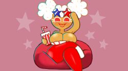 bean_bag bean_bag_chair blue_glasses cookie_run cookie_run_kingdom cookie_run_ovenbreak female female_focus female_only food_creature happy licking licking_lips pangotime popcorn_cookie red_chair red_eyes red_glasses sitting sitting_on_bean_bag solo solo_female solo_focus yellow_hair