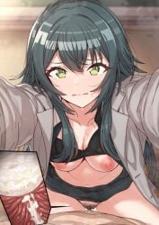 1boy black_bra black_hair bra breasts commentary_request cowgirl_position cross_section cum cum_in_pussy cum_in_uterus erere female female_pubic_hair gakuen_idolmaster green_eyes grey_shirt idolmaster internal_cumshot long_hair looking_at_viewer medium_breasts navel nipples open_clothes open_shirt pubic_hair sex shirt solo_focus straddling straight sweat tsukimura_temari underwear