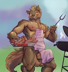 anthro apron balls canid canine canis clothing erection food hi_res humanoid_penis looking_at_viewer male male_only mammal muscular muscular_male penis potionmastercernun smile solo standing wolf