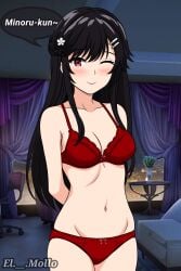 1girls akane_nishino black_hair cid_kagenou el._.mollo kage_no_jitsuryokusha_ni_naritakute! nishino_akane red_eyes red_underwear smiling the_eminence_in_shadow wink