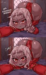 1girls ass ass_up big_ass blush bottom_heavy bubble_butt calamitas calamity_mod camera_pov cute flat_chest flat_chested grey_body grey_skin holding_object on_bed ourobot panels red_eyes selfie sharp_fingernails shortstack solo surprised sweat tagme terraria white_hair wide_hips