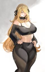 1girls blonde_hair breasts cameltoe chaichne cleavage cynthia_(pokemon) female female_only fur_collar high_resolution large_breasts midriff nintendo pokemon simple_background solo thick_thighs thighs wide_hips