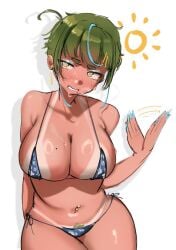 1girls 555_viri bikini breasts curvy female female_focus female_only green_hair large_breasts solo tanline tanlines tanned