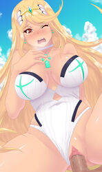 1boy bare_shoulders blonde_hair blush breasts brown_eyes censored choker cleavage cloud collarbone covered_navel earrings eyebrows_visible_through_hair female hair_ornament jewelry kihaiu large_breasts long_hair mythra_(xenoblade) nintendo nose_blush one-piece_swimsuit one_eye_closed open_mouth penis pussy sex sky spread_legs swimsuit swimsuit_aside tiara tongue upper_teeth vaginal_penetration very_long_hair xenoblade_(series) xenoblade_chronicles_2