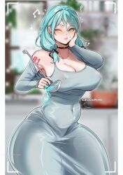 1girls aged_up blue_eyes blue_hair breasts chaichne choker cleavage female female_only hatsune_miku high_resolution large_breasts looking_at_viewer mature mature_female milf one_eye_closed solo very_high_resolution vocaloid wide_hips