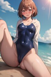 1girls 1woman 2d ai_generated beach brown_eyes brown_hair commentary_request delinquent female gangster hinata_tachibana pussy pussy_juice semi_nude tachibana_hinata tokyo_revengers vagina