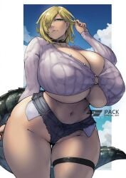 1girls blonde_hair breasts character_request copyright_request female female_only green_eyes hair_over_one_eye large_breasts looking_at_viewer mature mature_female midriff mole mole_under_mouth pack_er_5 packge short_shorts shorts solo thick_thighs thighs wide_hips