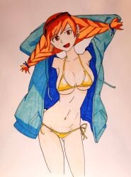 1girls aika_(skies_of_arcadia) bikini breasts cleavage crowart goggles_on_head gold_bikini jacket midriff navel orange_hair sega skies_of_arcadia traditional_media_(artwork) twin_braids