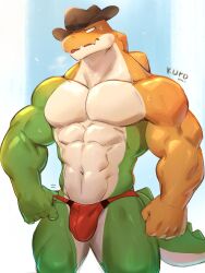 abs anthro bulge candy clothing cowboy cowboy_hat crocodile crocodilian crocodylid dessert detailed_bulge featureless_chest food food_creature genital_outline gummigoo_(the_amazing_digital_circus) gummy_(food) gummy_creature hat headgear headwear hi_res jockstrap living_candy male male_only mostly_nude mostly_nude_male muscular muscular_male pecs penis_outline reptile scalie solo the_amazing_digital_circus underwear yellow_body