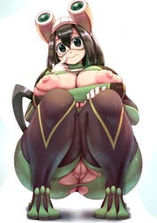 1girls ass big_areola big_breasts big_eyes big_feet big_nipples bodysuit boots breasts breasts_bigger_than_head bubble_butt dat_ass dripping female female_only frog_humanoid hero_outfit_(mha) hi_res huge_areolae huge_ass huge_breasts huge_nipples human humanoid light-skinned_female light_skin looking_at_viewer my_hero_academia nipples open_clothes pussy ripped_clothing shounen_jump skin_tight solo solo_female solo_focus spindles squatting thick_thighs tsuyu_asui voluptuous wide_hips