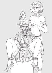 angry_face black_and_white bondage buttplug chains chastity chastity_cage chastity_device collar delicious_in_dungeon dungeon_meshi elf elf_ears elf_femboy elf_male leash male/male mithrun sketch thighhighs thistle thistle_(dungeon_meshi) twink wistfullinsomniac yaoi