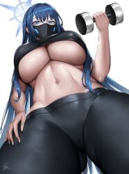 arius_satellite_school_student arius_squad_(blue_archive) baseball_cap black_hair black_mask black_pants black_shirt blue_archive blue_eyes blue_hair blue_halo breasts cameltoe colored_inner_hair cowboy_shot crop_top dumbell face_mask female from_below groin hair_between_eyes halo hand_on_own_hip hat highres holding_dumbbell large_breasts long_hair looking_at_viewer low-angle_view mask midriff mouth_mask multicolored_hair navel paid_reward_available pants saori_(blue_archive) shirt signature simple_background sleeveless sleeveless_shirt solo standing underboob white_background wookyung